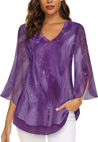 Miniatura 2 de Timeson Blusas florales de manga 34 para mujer, camisas de doble capa con cuello en V, túnica elegante