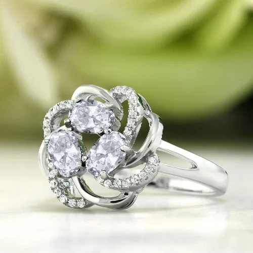 Miniatura 53 de Gem Stone King Flower Blossom Gemstone Birthstone Ring in 925 Sterling Silver 3-Stone Oval 6X4MM with Sparkling Accents Wedding Anniversary