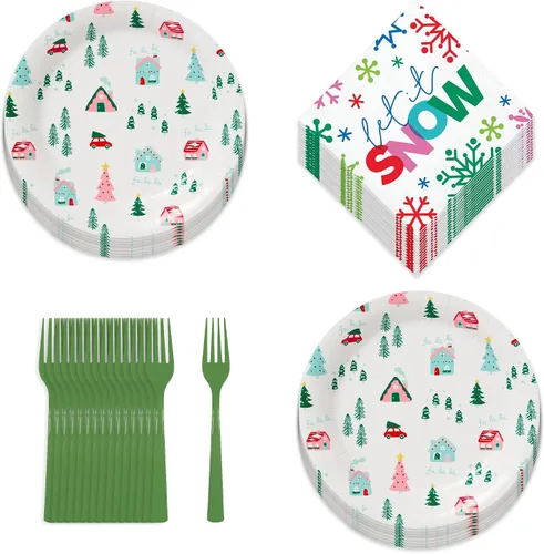 Miniatura 24 de Suministros para fiestas navideñas - Platos de postre de papel, servilletas para bebidas y tenedores de aldea navideña de invierno (para 16 personas)