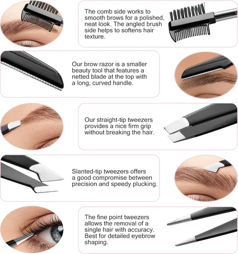 Miniatura 3 de Exquisito kit de cejas 8 en 1 para mujeres y hombres – Kit de aseo de cejas de lujo con 4 pinzas de precisión para cejas, maquinilla de afeitar
