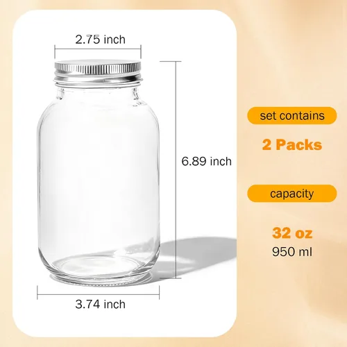 Miniatura 2 de Tarros Mason con tapas de 32 onzas, paquete de 2 tarros de vidrio de boca regular para almacenamiento de alimentos, jugo, mermelada, dulces