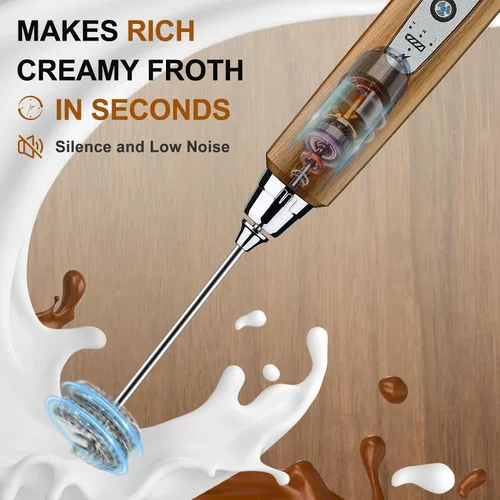 Miniatura 6 de YUSWKO Varita espumadora de leche de mano de grano de madera para café, batidor eléctrico recargable con 3 cabezales, 3 velocidades, mezclador