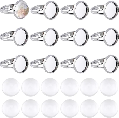 Miniatura 16 de SUNNYCLUE Anillo de dedo, base de anillo ajustable en blanco, media redonda, base de cabujón plano, configuración de bandeja de bisel para kit