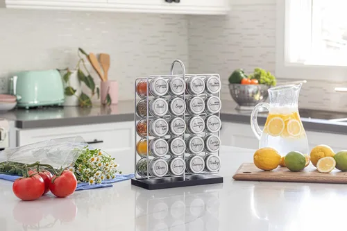 Miniatura 2 de Orii Estante de 20 tarros para especias de acero inoxidable con especias incluidas - Soporte de estante de pie y organizador de torre de estante