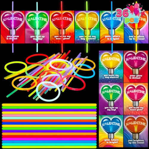 Miniatura 3 de JOYIN Paquete de 36 tarjetas de regalo de neón para el día de San Valentín con pulseras de palo brillante, collares que brillan en la oscuridad