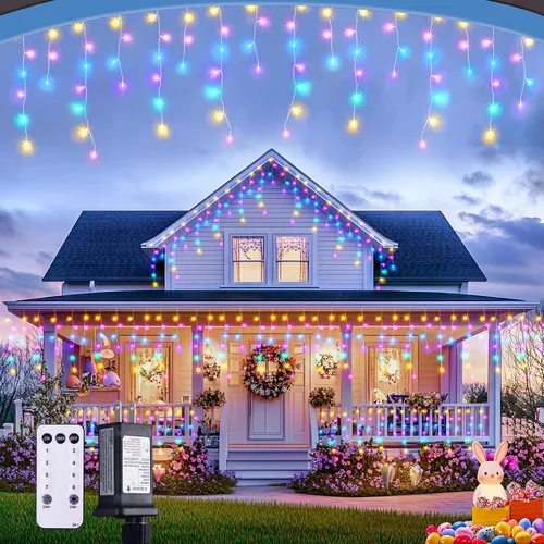 Miniatura 19 de JMEXSUSS 400 luces LED de Navidad de carámbano de 38.8 pies con control remoto, tira de luces multicolor para exteriores enchufables, 8 modos