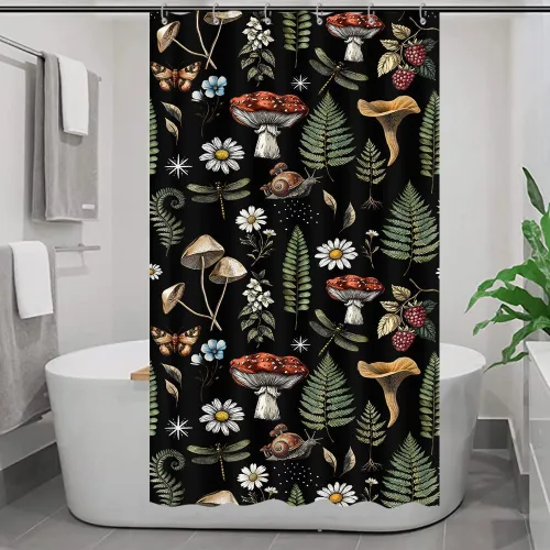 Miniatura 29 de Cortina de ducha de mariposa floral negra y dorada, cortina de ducha bohemia con diseño botánico de flores oscuras para baño con gancho, juego