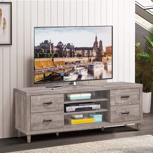 Miniatura 2 de Tangkula Soporte de TV de granja, soporte universal de madera retro para televisores de pantalla plana de hasta 65 pulgadas, 4 cajones y 3 estantes