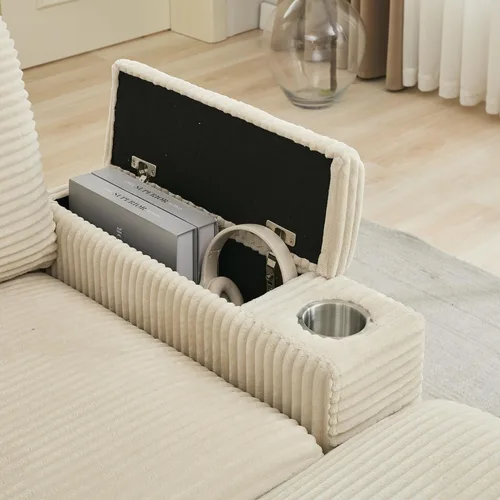 Miniatura 9 de Sofá seccional de 86.6 pulgadas con 2 otomanas, cómodo sofá convertible modular Cloud tapizado de pana con portavasos y USB, almacenamiento