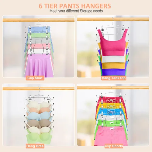 Miniatura 6 de Paquete de 2 perchas para pantalones de 6 niveles que ahorran espacio, perchas para faldas, organizadores de armario y almacenamiento con clips