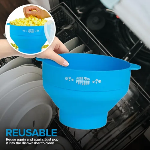 Miniatura 7 de Palomitas de maíz de silicona para microondas (azul) para hacer palomitas de maíz, no requiere aceite, cuenco plegable con tapa, reutilizable, sin