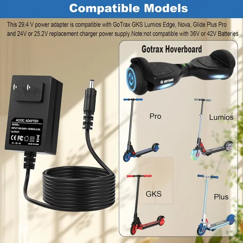 Miniatura 2 de Cargador de 29.4V para Hoverboard Gotrax compatible con Gotrax GKS Lumios/Plus/Pro/Edge/Nova/Glide 24V y 25.2V Baterías Cable adaptador de corriente