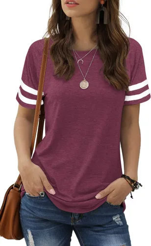 Sieanear - Camisetas de estilo informal y de manga corta para mujeres, diseño de colores contrastantes, con rayas y estampado de leopardo