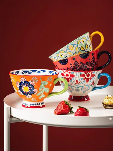 Miniatura 3 de Tazas de café de cerámica de gran capacidad pintadas a mano con patrón floral – Tazas jumbo, té, leche, cereales, taza de desayuno, juego de 4 – 14
