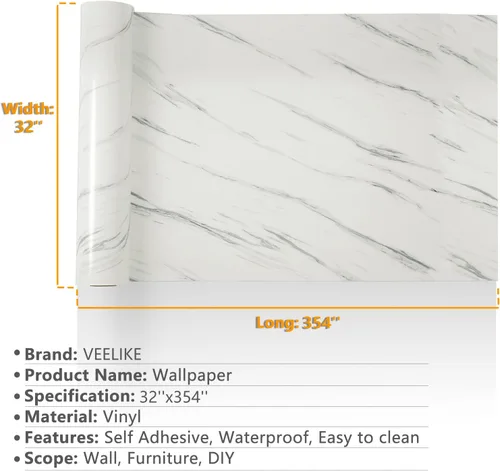 Miniatura 9 de VEELIKE Papel de contacto de mármol blanco y gris brillante de 32 x 354 pulgadas de ancho, papel tapiz de mármol para encimeras de cocina, cubiertas