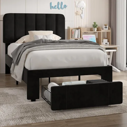 Miniatura 18 de VECELO Marco de Cama Tapizada Tamaño Full con 4 Cajones y Cabecero, Marco de Cama Plataforma de Almacenamiento de Terciopelo, Soporte de Listones