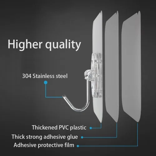 Miniatura 2 de Gancho adhesivo de pared, juego de ganchos autoadhesivos resistentes y engrosados, 16 piezas, carga máxima de 33 libras, transparente, impermeable