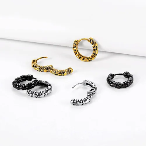 Miniatura 6 de Richsteel Aretes de calavera para mujer y hombre, góticos, de acero inoxidable, chapados en oronegro, pequeño aro punk de serpientedragón