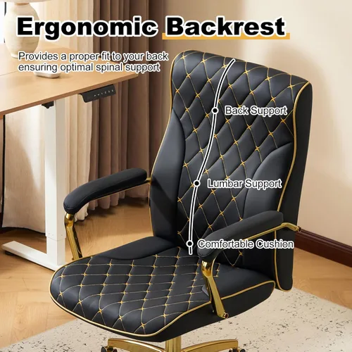Miniatura 3 de Furniliving Silla de oficina negra y dorada, sillas de oficina de cuero, silla de tocador ajustable con patas doradas y reposabrazos acolchado, Negro