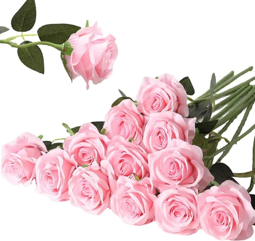 Hawesome 12 flores artificiales de seda realistas, ramo de rosas de tallo largo para decoración del hogar, boda, fiesta (rosa, 12 flores)