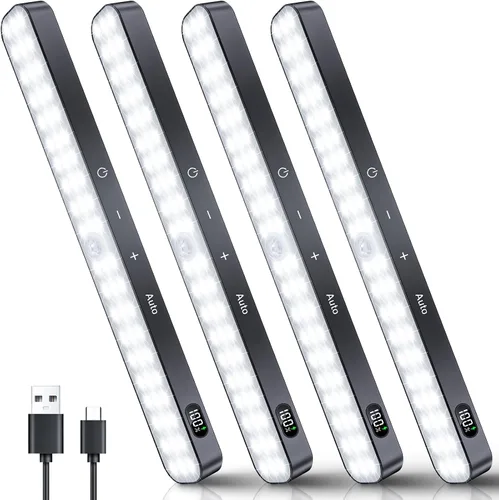 Miniatura 8 de Ferswe Luces de armario recargables, pantalla de nivel de batería, luces regulables, luz con sensor de movimiento de 3000 K para interiores, 60