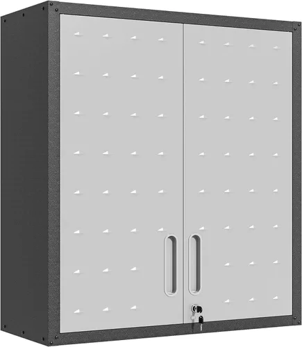 Miniatura 25 de Armario de almacenamiento de metal con estantes ajustables, armario de herramientas de garaje con 2 puertas con cerradura para oficina, hogar, Blanco
