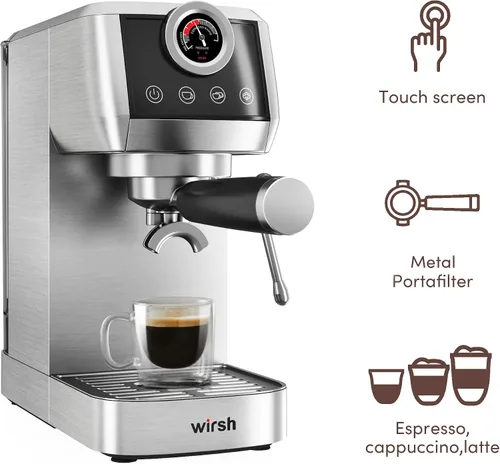 Miniatura 2 de Máquina de espresso Wirsh, máquina de espresso semiautomática de 20 bares con medidor de presión, varilla de vapor, máquina de café expresso