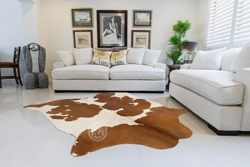 Miniatura 2 de Sunshine Cowhides Alfombra de piel de vaca 100% auténtica, color marrón y blanco, alfombra de estilo moderno de piel de animal y alfombra para sala