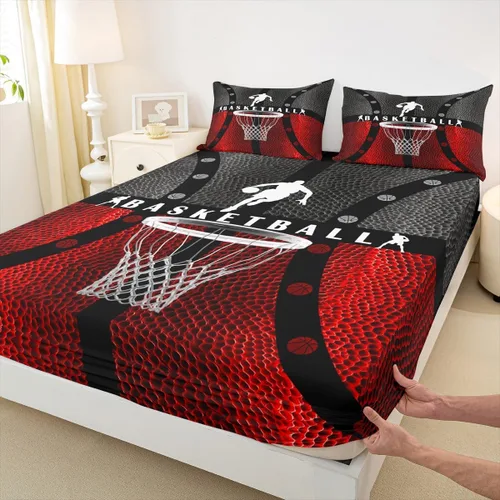 Miniatura 4 de Juego de sábanas de baloncesto para niños, tamaño individual, diseño abstracto geométrico para cancha de baloncesto, decoración de habitación