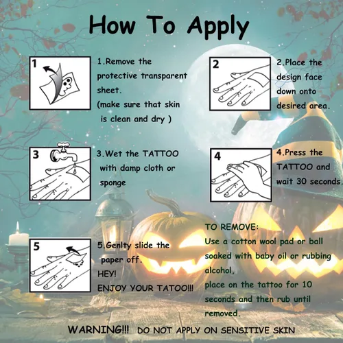 Miniatura 7 de CHARLENT 148 hojas de tatuajes temporales de Halloween para niños, tatuajes individuales de esqueletos de calabaza de Halloween para niños y niñas