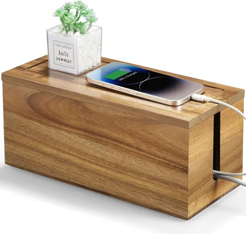 Caja organizadora de cables de madera de acacia, caja organizadora de cables, 2 ranuras abiertas, organizador de cables para debajo del escritorio,
