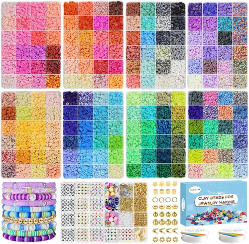 Miniatura 10 de Redtwo Juego de 23000 cuentas de arcilla para hacer pulseras, 144 colores, 7 cajas de cuentas Heishi de polímero plano para hacer joyas de amistad