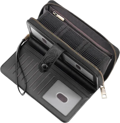 Miniatura 10 de SENDEFN Cartera de piel con cierre RFID para mujer, con cierre de cremallera, de gran capacidad, con correa para la muñeca, Marrón, Classic