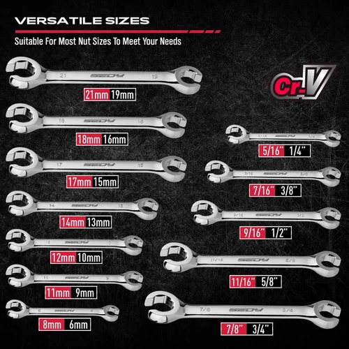 Miniatura 2 de SEDY Juego de 14 llaves para tuercas acampanadas con cinta PTFE, llave de línea de freno métrica y SAE con desfase de 1/4"-7/8" & 9-21mm, juego