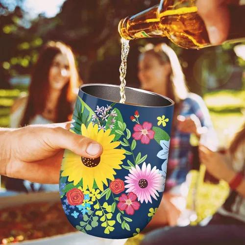 Miniatura 6 de NymphFable Vaso de vino de flores de 12 onzas con popote y tapa, vaso de vino de acero inoxidable, taza de viaje aislada de doble pared