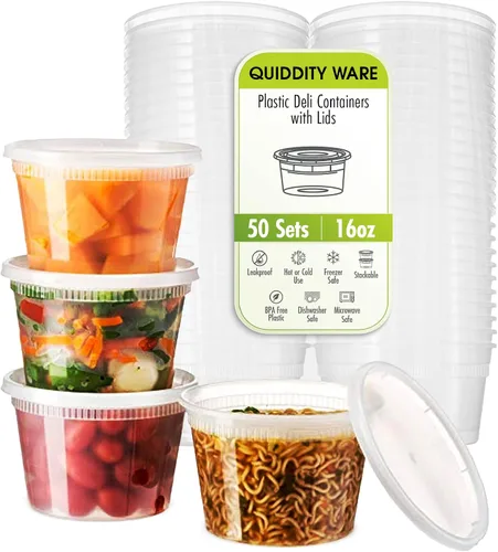 Recipientes de 16 onzas con tapas a prueba de fugas, paquete de 50 recipientes de plástico transparente sin BPA para almacenamiento de alimentos