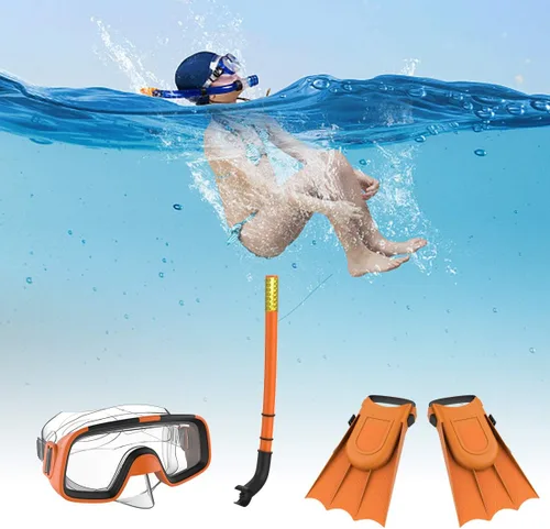 Miniatura 6 de Niños Niños Natación Buceo Snorkel Respiración Tubo Aletas Buceo Juego de lentes, Naranja