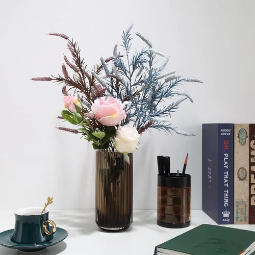 Miniatura 6 de Florero cilíndrico pequeño de cristal marrón acanalado para decoración de centros de mesa de comedor de granja