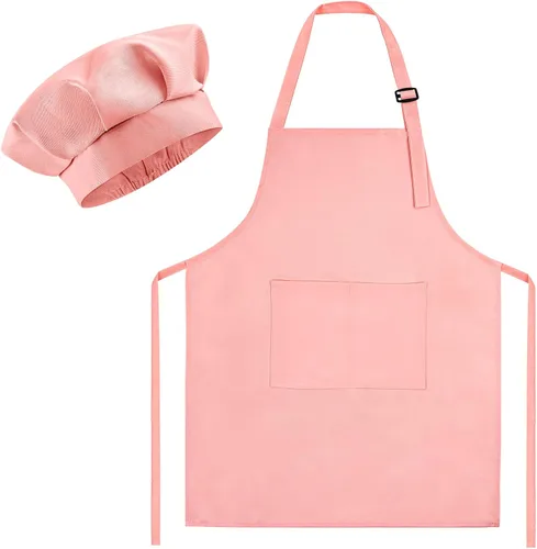 Miniatura 16 de Morcheiong Juego de gorro y delantal de chef para niños, delantal de pintura ajustable para niños y gorro de chef con 2 bolsillos para cocinar
