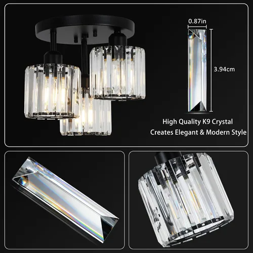 Miniatura 3 de PAUFUL Lámpara de Techo Semiempotrada de Cristal, Lámparas de Techo Modernas de 3 Luces Cerca del Techo, Lámparas de Cocina Negras con Pantalla