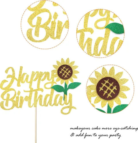 Miniatura 3 de 1 paquete de decoración de pastel de feliz cumpleaños con purpurina de girasol para pasteles, baby shower, niños, cumpleaños, verano, baby shower