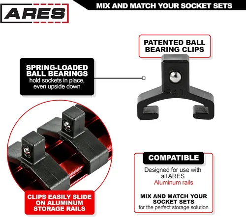 Miniatura 3 de ARES 70204 - Organizador de enchufes de aluminio de 3 piezas, rieles de enchufe de 1/4 pulgadas, 3/8 pulgadas y 1/2 pulgadas con capacidad para 48