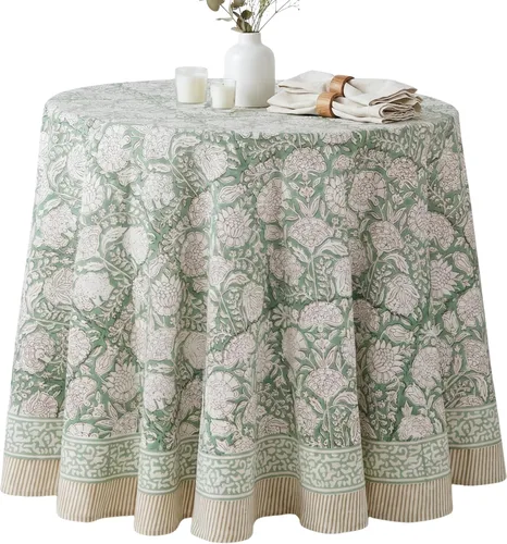 ATOSII Mantel Redondo Bohemio Jade de Algodón 100%, Mantel de Lino con Estampado Floral de Bloques para Comedor, Fiestas, Bodas, Exteriores I