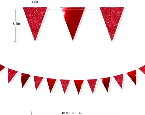 Miniatura 2 de Banderines de Fiesta Rojos de 30 Pies con Purpurina de Papel Metálico Triangular, Bandera, Gallardetes para Graduación, Boda, Compromiso