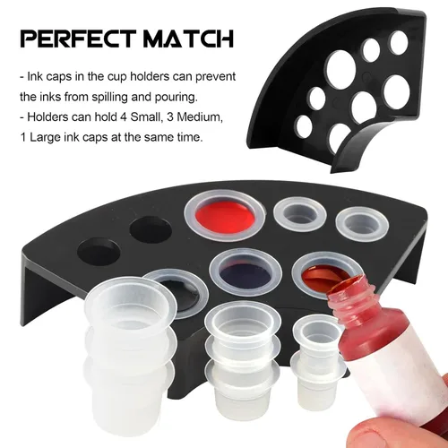 Miniatura 4 de Tapas de tinta de tatuaje con portavasos, 300 vasos de tinta de tatuaje de tamaño mixto, 100 pequeños, 100, medianos, 100 grandes, con 3 soportes