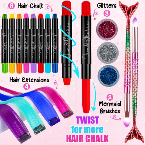 Miniatura 2 de Jim&Gloria Tiza para el cabello sin polvo para niñas, lavable con extensiones de cabello, pinceles y purpurina, tinte de color temporal, regalos