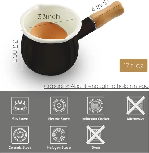 Miniatura 3 de Mini Olla de Leche Esmaltada de 0.6 Cuartos con Mango de Madera Aislado, 2 Picos Vertedores, Calentador de Alimentos Pequeño, Cacerola Bonita