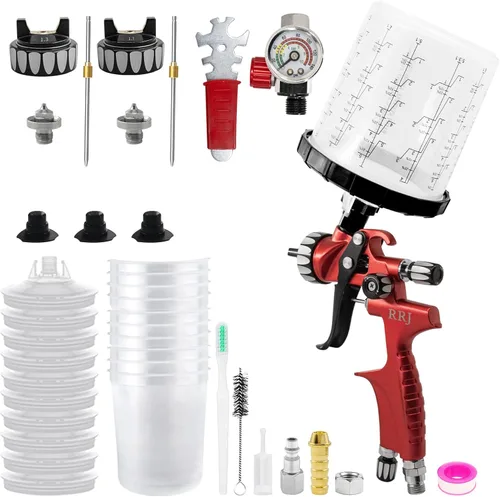 RRJ HVLP - Pistola pulverizadora Premium Kit R300, taza de mezcla de 22.4 onzas líquidas y 10 vasos desechables, pistola de pintura automotriz con
