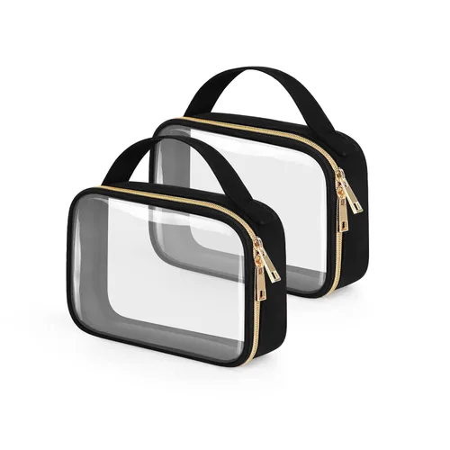 Miniatura 14 de Bolsa de aseo transparente Wedama, paquete de 2 bolsas de maquillaje transparentes con asas, bolsas cosméticas de PVC para mujeres y hombres, bolsas