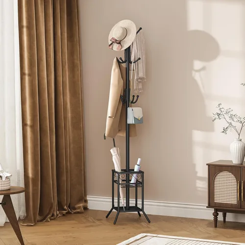 Miniatura 6 de ELYKEN Perchero Independiente, Perchero de Metal con Soporte para Paraguas, Árbol de Abrigos Moderno con 12 Ganchos, Perchero de Pie de Esquina